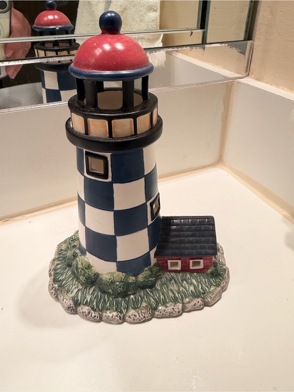 Coastal Checkerboard Lighthouse Figurine - Red, Blue, White